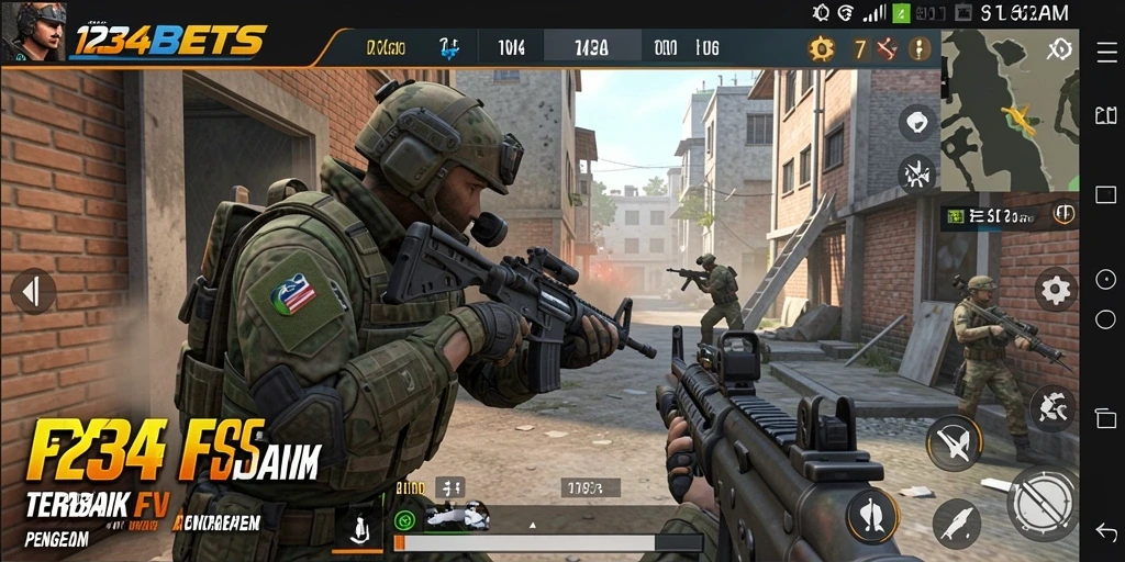 Screenshot utama 1234BETS menampilkan pertempuran seru di arena FPS.