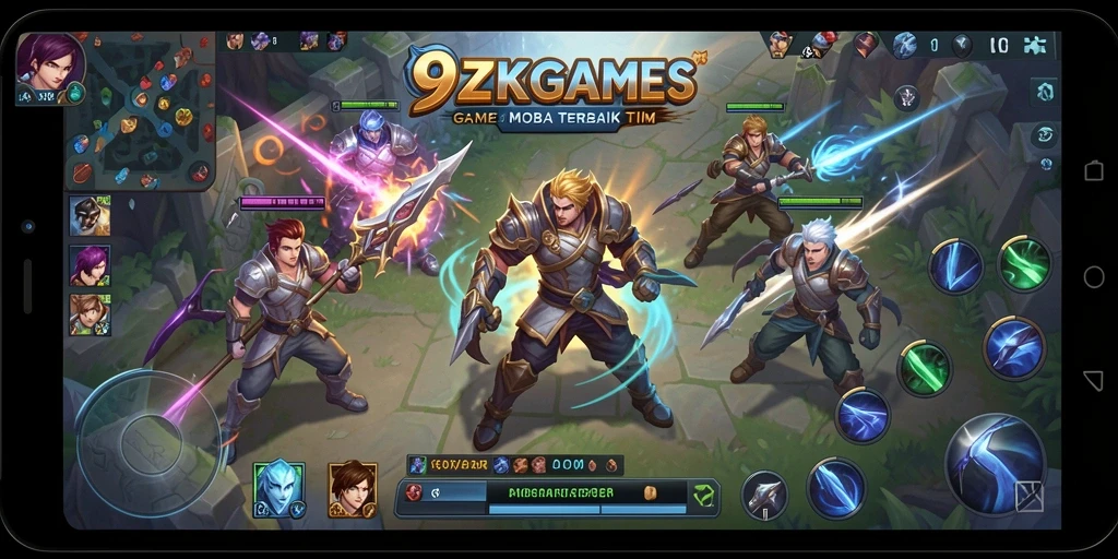 Tampilan gameplay MOBA yang penuh aksi dan strategi dalam 9ZKGAMES.