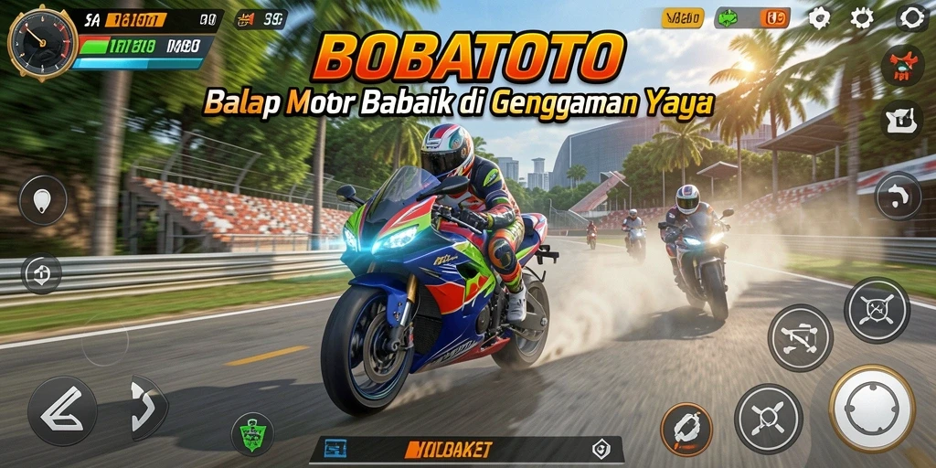 Screenshot BOBATOTO menunjukkan aksi balap motor yang mendebarkan.