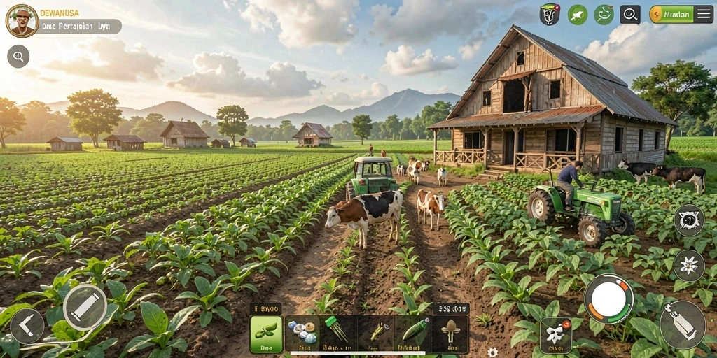 Screenshot gameplay DEWANUSA dengan aktivitas bertani yang seru.