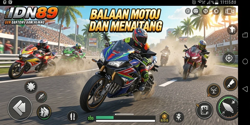 Tampilan seru dari gameplay IDN89 yang penuh aksi balapan motor.