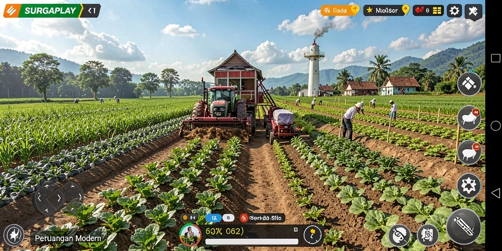 Tampilan utama gameplay SURGAPLAY menampilkan kebun yang subur dan aktivitas bertani.