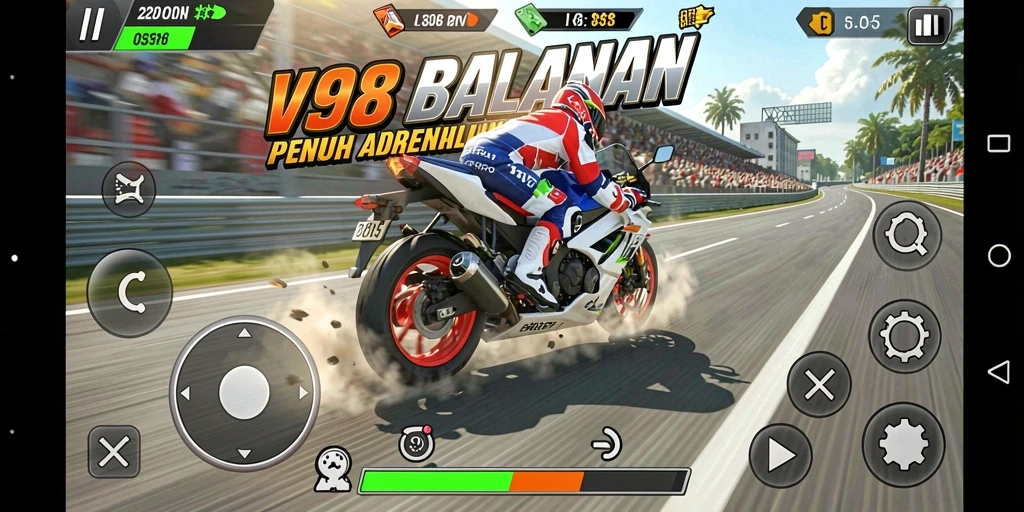 Gameplay seru V98 dengan balapan motor yang dramatis.
