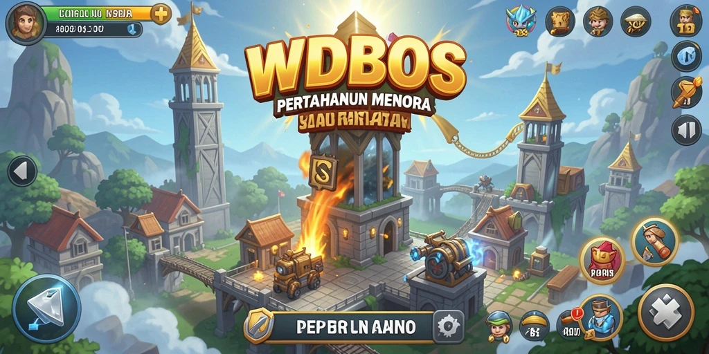 Screenshot utama WDBOS menampilkan aksi menara pertahanan yang intens.